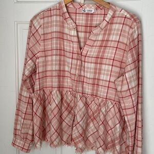 Carve Designs pink plaid flannel peplum top
